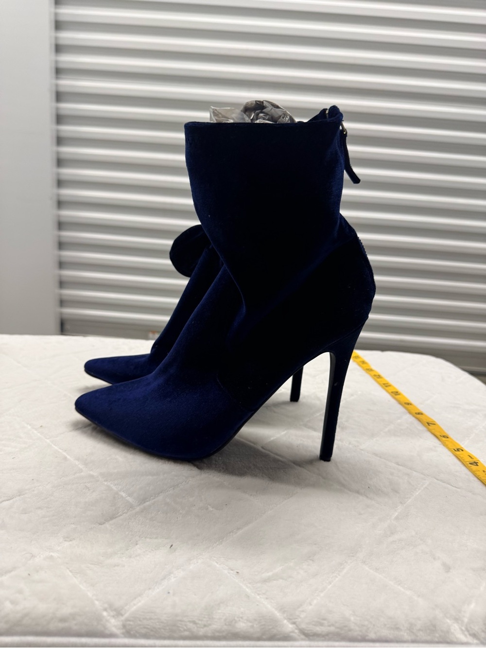 Velvet Pointed-Toe Stiletto Ankle Boots in Navy